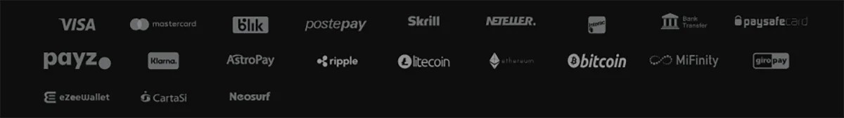 Collection of supported casino payment method logos including Visa, Mastercard, BLIK, Postepay, Skrill, Neteller, bank transfer, Paysafecard, Payz, Klarna, AstroPay, Ripple, Litecoin, Ethereum, Bitcoin, MiFinity, GiroPay, eZeeWallet, CartaSi, and Neosurf on a dark background.