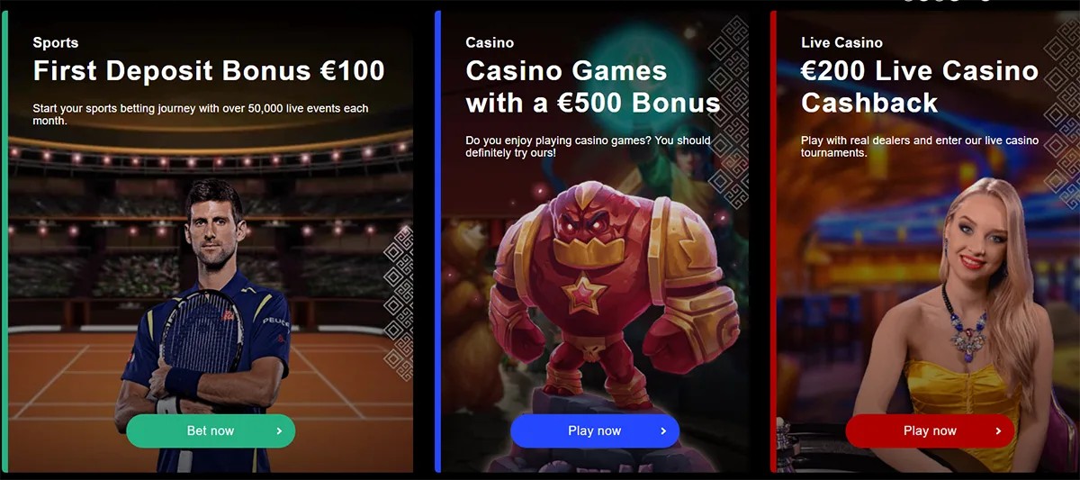 Three casino promotion panels showing a Sports first deposit bonus of €100 with a tennis player, a Casino games offer with a €500 bonus featuring a cartoon character, and a Live Casino cashback offer of €200 with a live dealer, each with a “Play now” or “Bet now” button.