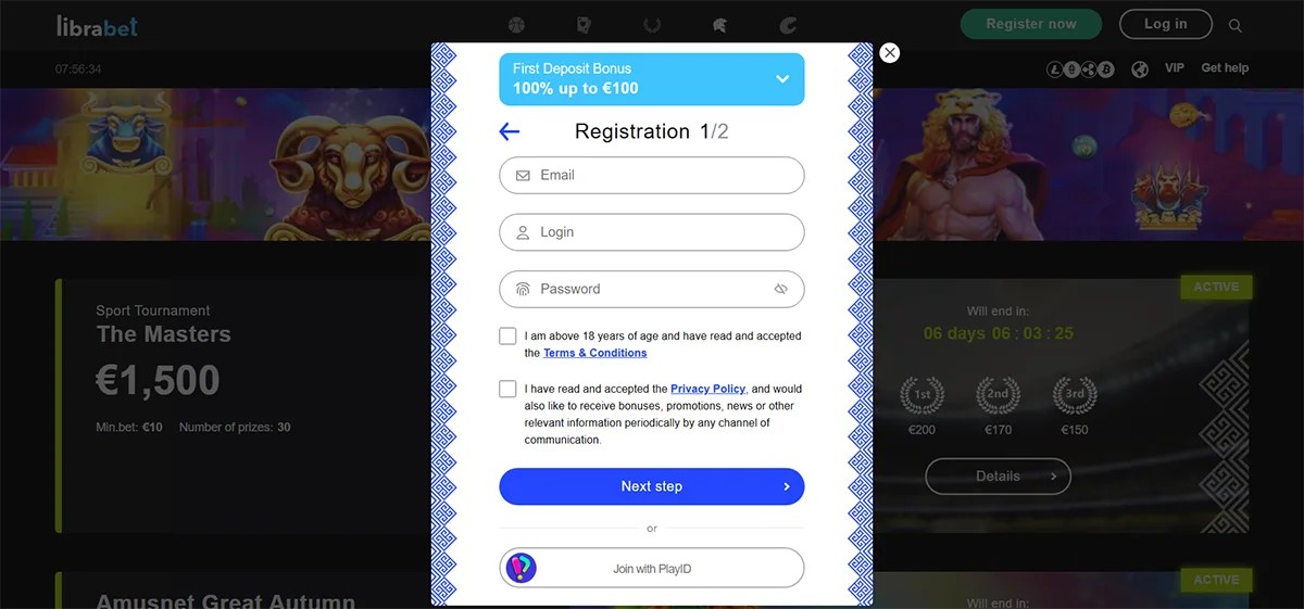 Librabet casino registration popup showing a first deposit bonus of 100% up to €100, with a step 1 of 2 registration form including email, login, and password fields, age and policy consent checkboxes, a “Next step” button, and an option to join with PlayID over a dark casino background.